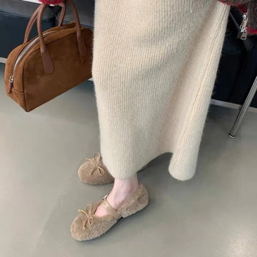 Xajzpa New Women's Shoes Woman Flats Low Heels Casual Female Sneakers Slip-on Loafers Fur Round Toe Shallow Mouth Boat Slip on Winter